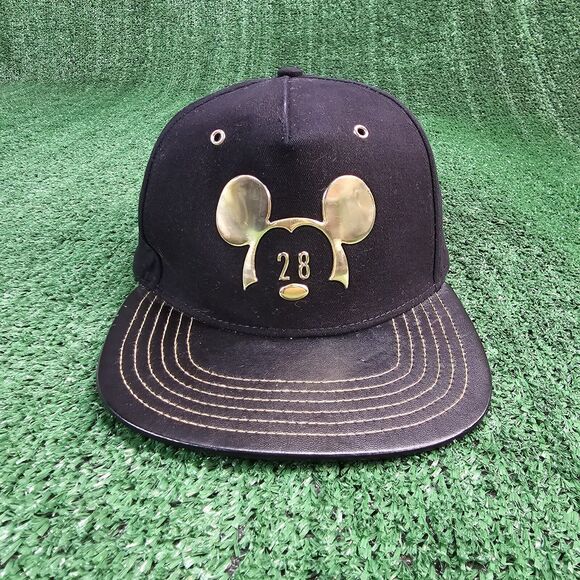 Disney Parks Black Hat Baseball Cap Gold Mickey Mouse 28 Millennial Faux Leather - Picture 2 of 10